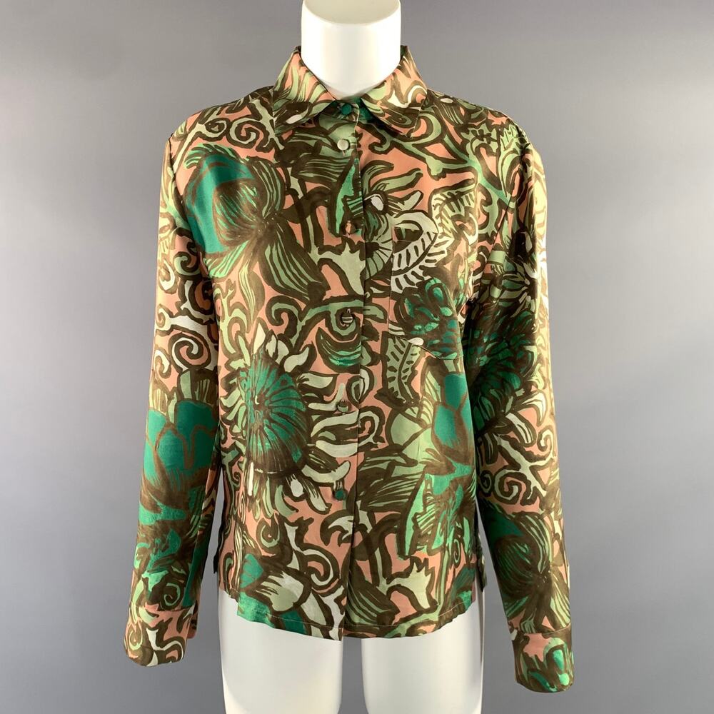 LA DOUBLEJ Size S Pink Green Leafs Button Up Blouse